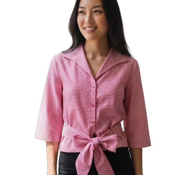 Connie Robertson Silk Top Pink and White Gingham Size Medium Designer Tie Waist - Picture 1 of 10